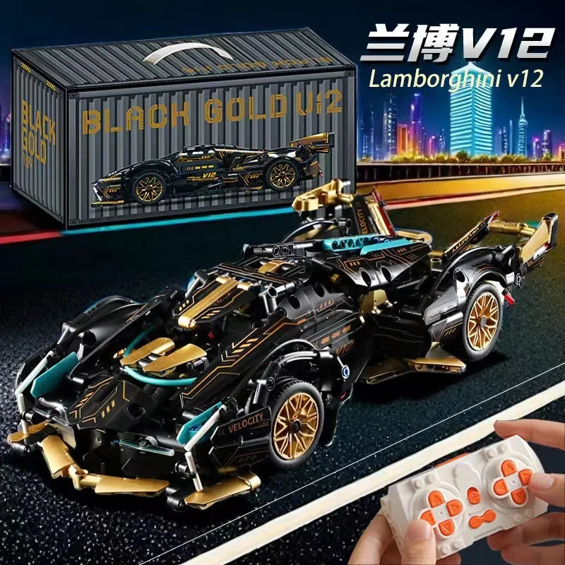 2024 Black V12 Block Roadster RC Tech Racer - 1:14 DIY Building Block Assembly Toy