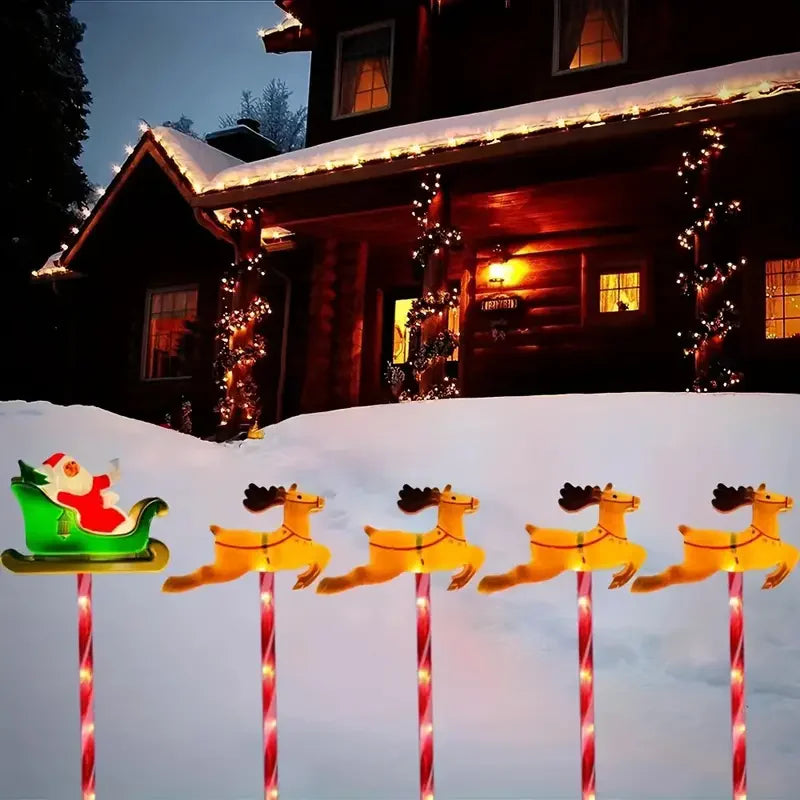 5pcs Solar-Powered Christmas Santa Sleigh and Reindeer